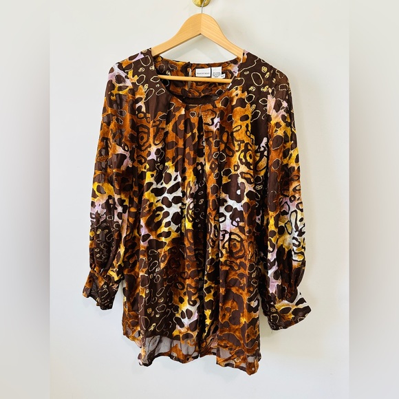 Multi-Color Laser Cut Leopard Print Pleated Blouse w Balloon Sleeves Size 04 - Picture 3 of 10